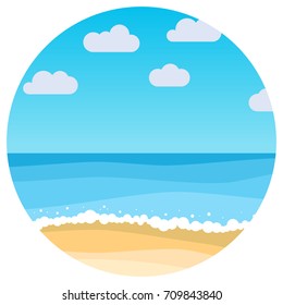 Vector landscape with summer beach in circle. Waves of the sandy beach, blue sky and sea. Landscape vector illustration.
