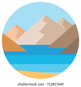 Vector landscape with summer beach and rocks in circle. Waves of the sandy beach, blue sky and sea. Landscape vector illustration.
