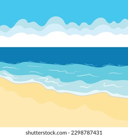 Paisaje vectorial con playa de verano. Olas de la playa de arena, cielo azul y mar. Ilustración del vector de paisaje.