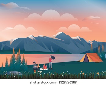 Vector- Landscape of summer camp,Sunset/sunrise, a famous mountain in America, tree, forest,wild flower Mt. Rainier National Park, USA.Vector Summer or Spring landscape,The famous landscape of USA.