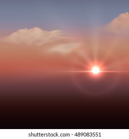 vector landscape. Sun and clouds in the sky. sunset