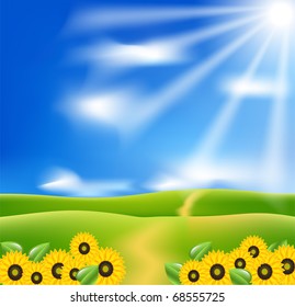 Vector landscape with sunflowers, blue sky and sunburst