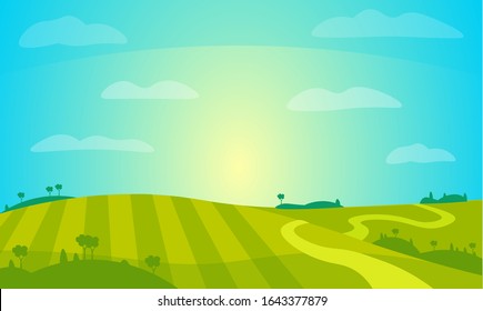 Vector Landscape with Sunny Field . Rural Farm Scenery Illustration.