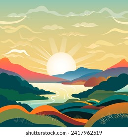 Vektor-Landschaft Sonnenaufgang im Flusstal im Flachstil