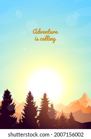 Vector landscape, sunrise scene in nature with mountains and forest, silhouettes of trees. Hiking tourism. Adventure. Minimalist graphic flyers. Polygonal flat design for coupon, voucher, gift card.