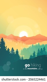 Paisaje vectorial, escenario de amanecer en la naturaleza con montañas y bosques, siluetas de árboles. Turismo de senderismo. Aventura. Volantes gráficos minimalistas. Diseño plano poligonal para cupón, cupón, tarjeta de regalo.