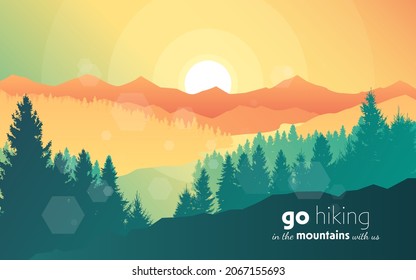 Paisaje vectorial, escenario de amanecer en la naturaleza con montañas y bosques, siluetas de árboles. Turismo de senderismo. Aventura. Volantes gráficos minimalistas. Diseño plano poligonal para cupón, cupón, tarjeta de regalo.