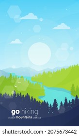 Vector landscape, sunrise scene in nature with mountains and river, silhouettes of trees. Hiking tourism. Adventure. Minimalist graphic flyers. Polygonal flat design for coupons, vouchers, gift cards