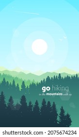 Vector landscape, sunrise scene in nature with mountains and forest, silhouettes of trees. Hiking tourism. Adventure. Minimalist graphic flyers. Polygonal flat design for coupons, vouchers, gift cards