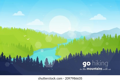 Paisaje vectorial, escenario de amanecer en la naturaleza con montañas y ríos, siluetas de árboles. Turismo de senderismo. Aventura. Volantes gráficos minimalistas. Diseño plano poligonal para cupones, vales, tarjetas de regalo