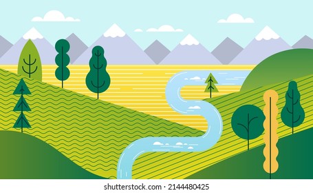 Vektorlandschaft, Sonnenstrahlen in der Natur mit Bergen und Wäldern, Seiden von Bäumen. Wandertourismus. Abenteuer. Minimalistische Grafikflyer. Polygonal flaches Design für Coupon, Gutschein, Geschenkkarte.