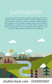Vector landscape, a sunrise scene in nature with mountains and forest, silhouettes of trees. Hiking tourism. Adventure. Minimalist graphic flyers. Polygonal flat design for coupon, voucher, gift card.