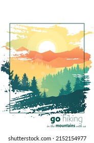 Vector landscape. Sunrise scene in nature with mountains and forest, silhouettes of trees. Hiking tourism. Adventure. Minimalist graphic flyers. Polygonal flat design for coupons, vouchers, postcards.