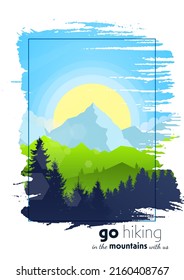 Vector landscape. Sunrise scene in nature with mountains and forest, silhouettes of trees. Hiking tourism. Adventure. Minimalist graphic flyers. Polygonal flat design for coupons, vouchers, postcards