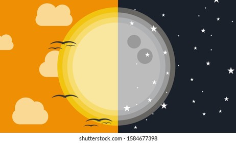 vector landscape the sunset and moon shining background cut apart afternoon and night. night and evening. half background .simple & flat design.space text. web template background wal
