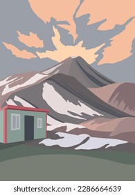 Paisaje vectorial con puesta de sol y montañas