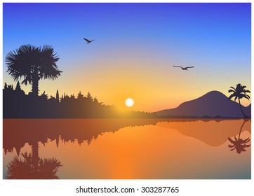  Vector landscape. Sunset on exotic island with volcano and palms. A birds on the background of colorful sky . Eps 10.