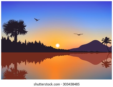  Vector landscape. Sunset on exotic island with volcano and palms. A birds on the background of colorful sky . Blue and yellow tones. Eps 10.