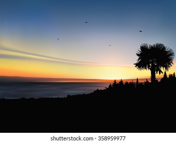  Vector landscape. Sunset on exotic island. A flock of birds on the background of colorful sky . Eps 10.