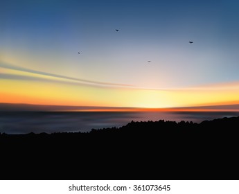  Vector landscape. Sunset on exotic island. A flock of birds on the background of colorful sky . Eps 10.