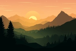 Vektorlandschaft, Sonnenuntergang In Der Natur Mit Bergen Und Wäldern, Silhouetten Von Bäumen Und Hügeln. Schöne Landschaft Von Bergen Und Wildem Wald.
