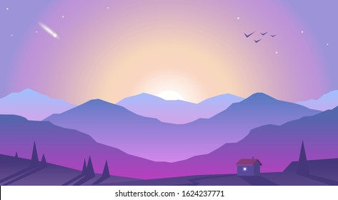 Vector landscape, sunset scene in nature with mountains and forest, silhouettes of trees and hills in the evening. Polygonal landscape illustration. Flat design