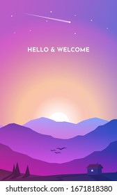 Vector landscape, sunset scene in nature with mountains and forest, silhouettes of trees and hills in the evening. Polygonal landscape illustration. Flat design. Vector landscape in minimalist style.