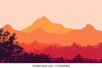 Paisaje vectorial, escenario de puesta de sol en la naturaleza con montañas y bosques, siluetas de árboles y colinas en la tarde EPS
