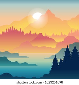 Vector landscape, sunset scene in nature with mountains and forest, silhouettes of trees and hills in the evening.