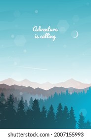 Vector landscape, sunset scene in nature with mountains and forest, silhouettes of trees. Hiking tourism. Adventure. Minimalist graphic flyer. Polygonal flat design for coupon, voucher, gift card.