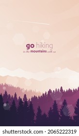 Paisaje vectorial, puesta de sol en la naturaleza con montañas y bosques, siluetas de árboles. Turismo de senderismo. Aventura. Volantes gráficos minimalistas. Diseño plano poligonal para cupones, vales, tarjetas de regalo.