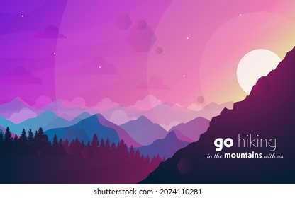 Paisaje vectorial, puesta de sol en la naturaleza con montañas y bosques, siluetas de árboles. Turismo de senderismo. Aventura. Volantes gráficos minimalistas. Diseño plano poligonal para cupones, vales, tarjetas de regalo