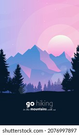 Vector landscape, sunset scene in nature with mountains and forest, silhouettes of trees. Hiking tourism. Adventure. Minimalist graphic flyers. Polygonal flat design for coupons, vouchers, gift cards