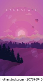 Vector landscape, sunset scene in nature with mountains and forest, silhouettes of trees. Hiking tourism. Adventure. Minimalist graphic flyers. Polygonal flat design for coupons, vouchers, gift cards