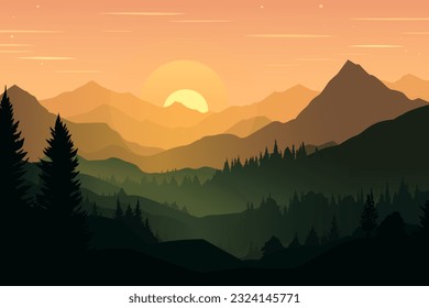 Vector landscape, sunset scene in nature with mountains and forest, silhouettes of trees and hills. Beautiful landscape of mountains and wild forest.