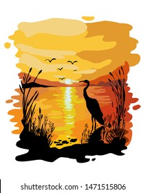 vector Landscape with sunset at the seashore. Grass silhouette over bright water, Crane and mountain range