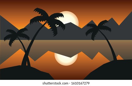 Vector landscape, sunset, silhouettes of palm and hills in the evening. Reflection in water.