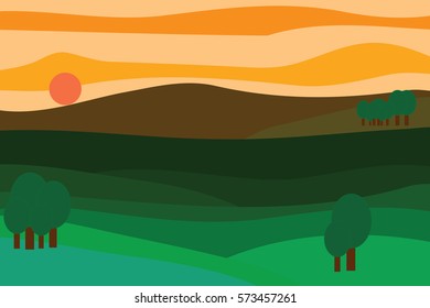 Vector landscape at sunset, trees, mountains sun
