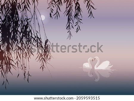 vector landscape with swans and willow branch 