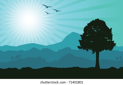 A vector landscape in teal tones, representing the end of the day. Editable illustration.