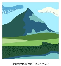 A vector landscape with texture. Scandinavian mountains and a green nature. River, sea, lake. Stylish minimal postcard