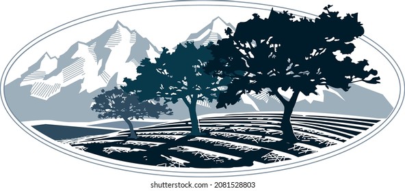 vector landscape with three trees on a background of mountains