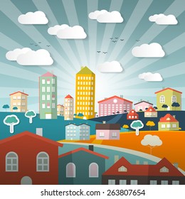 Vector Landscape Town or City in Flat Design Retro Style Illustration