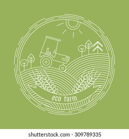Vector landscape with tractor and forest in the background and ears of wheat with a frame in the form of a ribbon for your text in a linear style - the concept of logo design template (Agriculture)