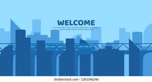 Vector landscape. The train goes by the bridge in the city