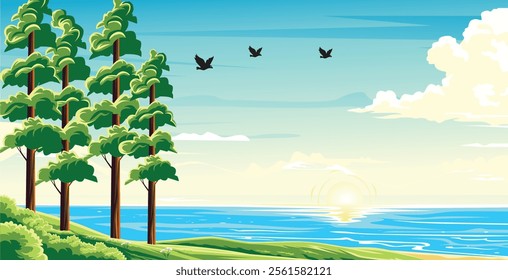 Vector landscape of a tranquil beach with tall pine trees and calm sea under clear blue sky.