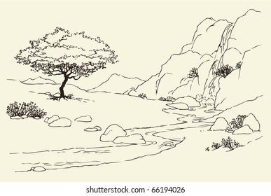 Vector landscape. Tree near a mountain stream in the meadow