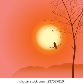 vector landscape with tree and a raven on sunset sky background