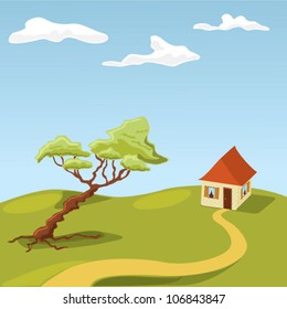 Vector landscape with tree, road and house