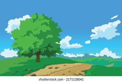 Vector landscape with tree and road, sky and clouds. Anime cartoon style. Background design